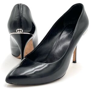 Gucci Black Leather Paloma Stiletto Heels GG Logo Size EU 39